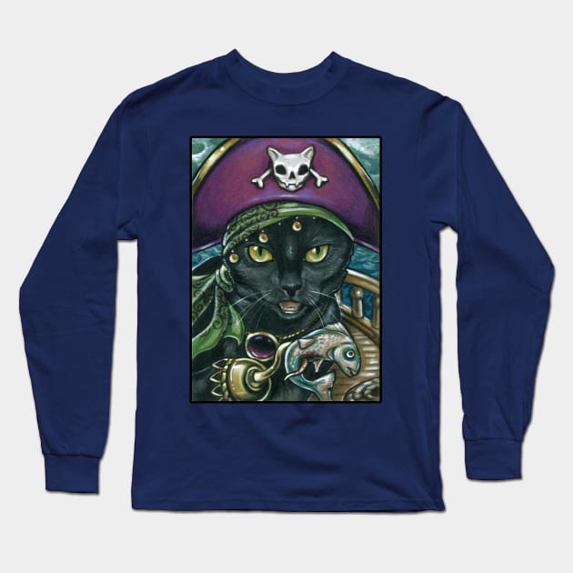 Black Cat Pirate - 1st Design - Cat Long Sleeve T-Shirt by Nat Ewert Art